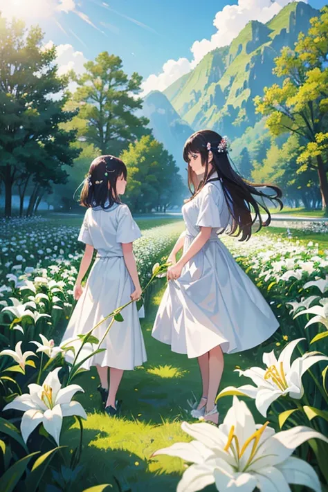 In a beautiful flower garden、Two girls are smiling and holding lilies。They wear white clothes、Walking through a flower field in the bright sunlight。The girls have happy expressions、They exchange gentle, loving smiles.。around them、Colorful flowers bloom pro...