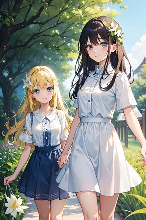 In a beautiful flower garden、Two girls are smiling and holding lilies。They wear white clothes、Walking through a flower field in the bright sunlight。The girls have happy expressions、They exchange gentle, loving smiles.。around them、Colorful flowers bloom pro...