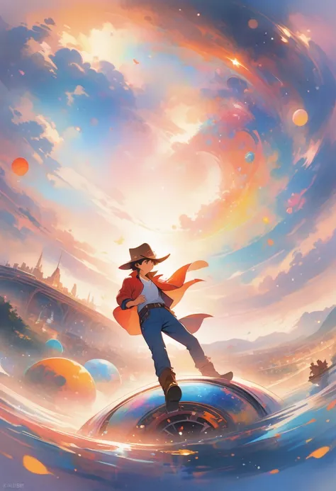 (masterpiece, professional work), Cowboy shooting, Spike Spiegel, Men&#39;s space cowboy, Dessert with space battleship as background, Cowboy hat, Center, Dynamic poses, anime style, key point, Dynamic Lighting, Ultra Detailed, Wheels within wheels, (Epic ...