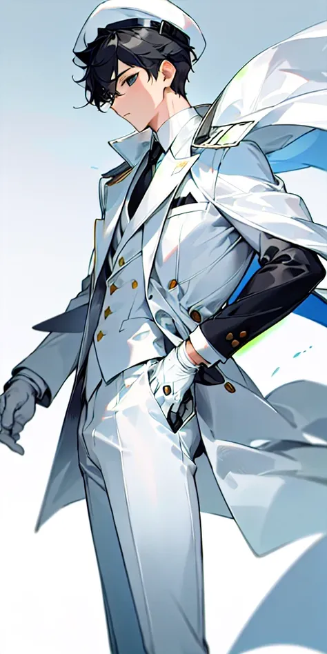 (masterpiece, best quality),1boy who has black eyes and a full white suit and white coat and white pants and a white cap holding a gun