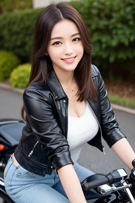 Sharp and clear image、Photo of a woman with long brown hair, wearing a Retro leather jacket、smile、Riding a Kawasaki 250 cc ninja motorbike, facing the viewer,
beautiful girl with full body, clean detailed face, casual wear, shining shadow, beautiful gradie...