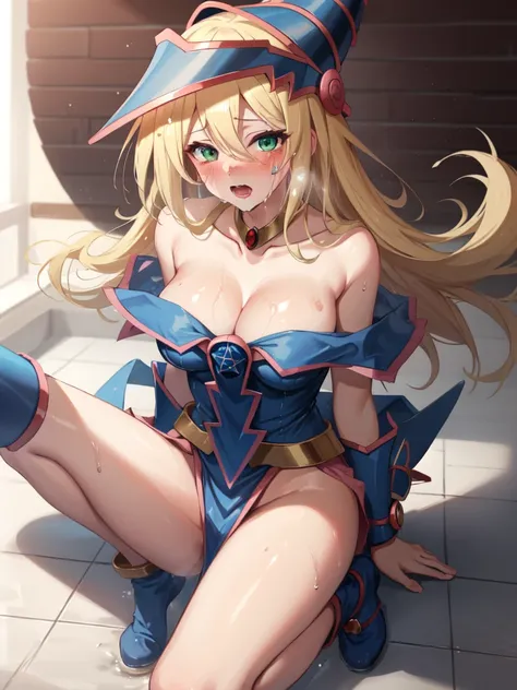 dark magician girl, duel monster, blush stickers, blonde hair, green eyes, long hair, breasts, blush, bangs, large breasts, hair between eyes, pentacle, pentagram, hat, dress, cleavage, bare shoulders, collarbone, choker, blue headwear, wizard hat, bracer,...