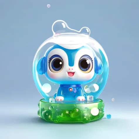 Translucent jelly texture、Round body、White background、IP image、Ultra HD、Q version big eyes，Dice shaped head，Cylindrical hands and feet，Jump up，Round ears，Q version figures