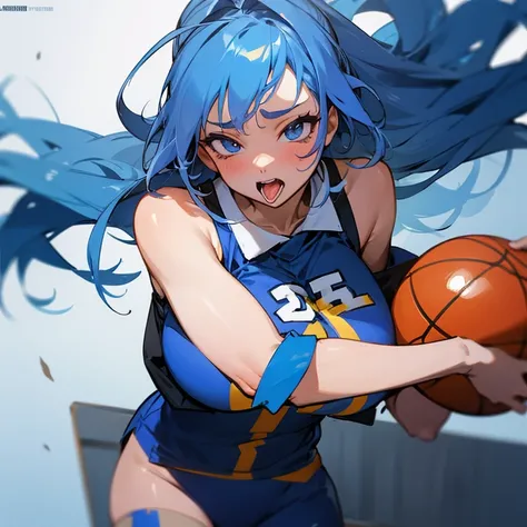 Naked girl with big tits, blue hair and a basketball uniform with a clearly visible pussy masturbates with a vibrator and climaxes with an ahegao face