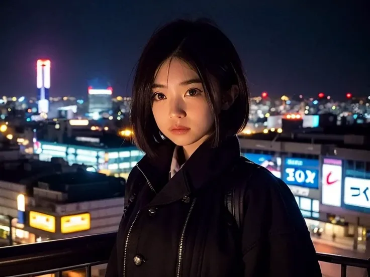 Realistic, 8k, Beautiful woman, Attractive look, Clear system, short hair, bob cut, 20-year-old, Tokyo, winter, Shibuya in the background