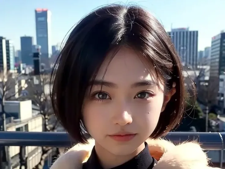 Realistic, 8k, Beautiful woman, Attractive look, Clear system, short hair, bob cut, 20-year-old, Tokyo, winter, Shibuya in the background