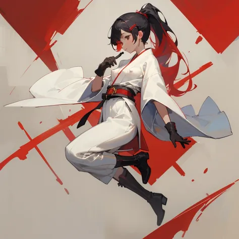 ((highest quality)), ((masterpiece)), (Become familiar with),  1 girl, alone, Black Hair,ponytail,White kimono,red hair clip,Red belt, ,slender,Long Hair,Small breasts, Erect nipples, gloves,boots