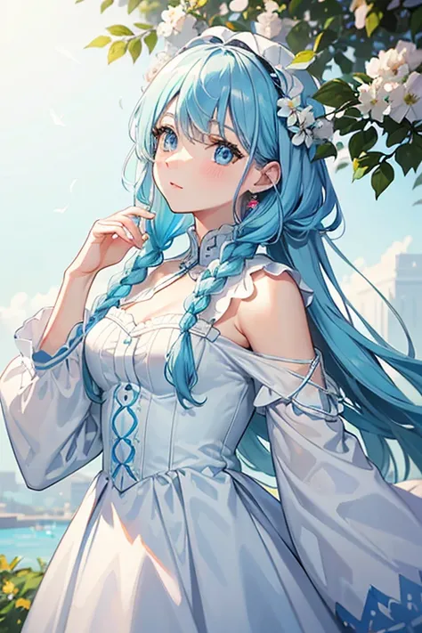 highest quality, masterpiece,Light blue hair, Blue eyes,White clothes, look up, Upper Body,hair,Fair skin,Side braid