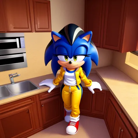 
((Masterpiece, humanoid hands)), hi res, detailed, detailed background, vibrant lighting, high quality, cartoon style, 2d, (mobian:1.1), solo, 1girl ADDCOMM inside, kitchen, cooking, ADDBASE (blue mobian hedgehog), blue body fur, (blue head spikes, black ...