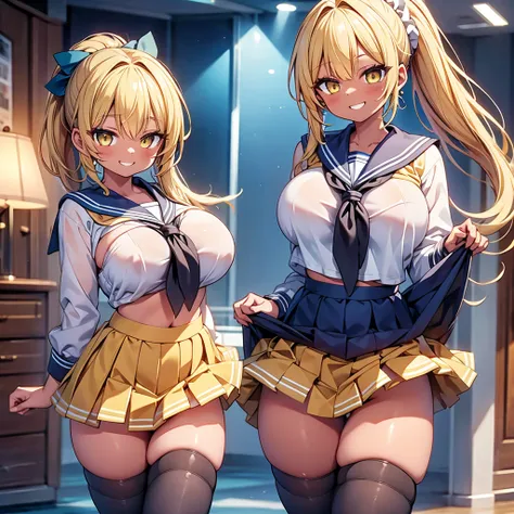 highest quality,wonderful,finely,extremely detailed CG Unity 8K wallpaper, (1 Girl,blonde, Yellow Eyes, Low Ponytail, Scrunchie, Earrings、Wicked Smile), (Grin:1.1), ((Brown Skin:1.2), (huge breasts:1.1),(sailor uniform:1.3), (bra lift:1.2), (zettai ryouiki...