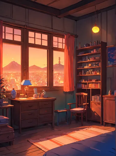 (best quality,4k,8k,highres,masterpiece:1.2),ultra-detailed,realistic,photorealistic:1.37,bedroom,window views,city skyline,stars,vivid colors,warm tones,dimly-lit,soft lighting,cozy atmosphere,airy curtains,comfortable bed,artsy decor,retro vibes,retro-st...