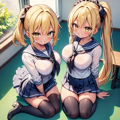 highest quality,wonderful,finely,extremely detailed CG Unity 8K wallpaper, (1 Girl,blonde, Yellow Eyes, Low Ponytail, Scrunchie, Earrings、Wicked Smile), (Grin:1.1), ((Brown Skin:1.2), (huge breasts:1.1),(sailor uniform:1.3), (zettai ryouiki:1.4),Sit on a c...