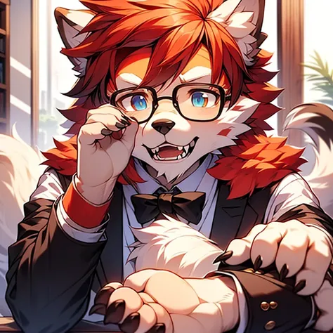 wear glasses,masterpiece, high quality, H, number (artwork), Thick cut dessert, Yes,Seizan,Red hair all over, male wolf,short hair,portrait, Bright Eyes,The eyes are gray，White belly，The tip of the tail is white，White palms and soles，Palm White，Meatballs P...