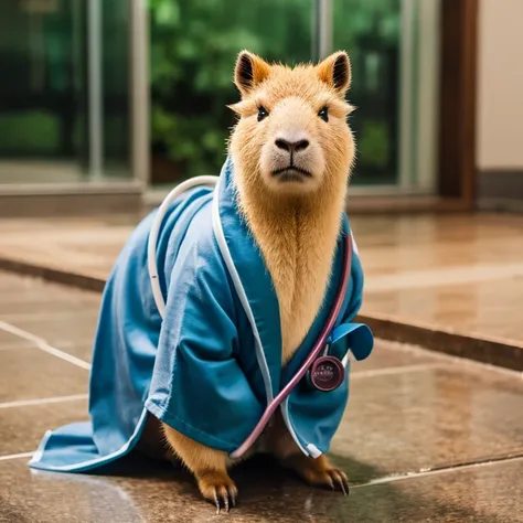 Cute Capybara wearing doctors robe with stethoscope 