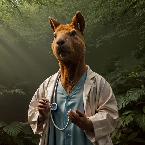 A cute capybara wearing Doctors robe with stethoscope in forest