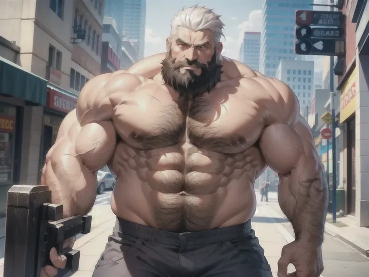 bearded shirtless topless old muscular man, Strong chest on the street, Powerful weapons, Big muscles, White hair, The white beard, muscular, Thick abs, Waistcoats, Thick stomach, Navel, large Waistcoats, Thick wrists, big body;, heavy muscular, Long body,...