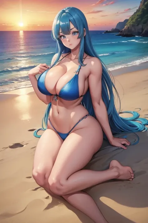 1girl,blue eyes,long eyelashes,((detailed eyes)),tall,looking at viewver,blue hair,long hair,muscular female,big breasts,barefoot,beach,sunset,scenery,