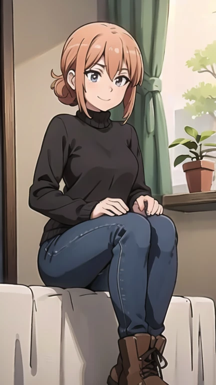  Young woman, with a smile ,Sweater, pants, boots, sitting tying shoelaces 