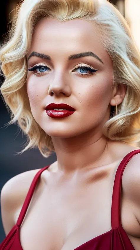 Hyper photo realistic picture perfect young marilyn monroe, high detailed skin, blonde eyebrows, black eyeliner, dark eye shadow, vibrant red lipstick, 1920s blonde hair, natural Hollywood makeup, long white dress, Hollywood boulevard background full dayli...