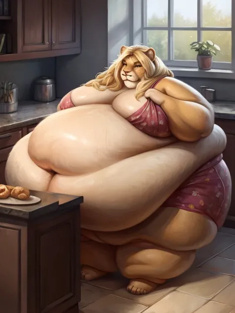 breathtaking oil painting, masterpiece, best quality, a morbidly obese anthro lion girl waddling in a kitchen, ((impossibly obese)), fat obese, lion, lioness, tail, large breasts, huge belly, wide hips, (fatfur), hyper fat, (enormous), (((obese))), blob, (...