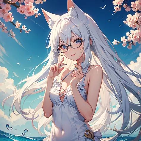 ((Best quality)), ((masterpiece)), (detailed), This is a perfect face，Swimsuit, White Fox Girl，touch fox， Liveliness. Carefree happy joy bokeh background. Quiet aesthetics. Soft lighting. artistic lighting. Amused，Gold frame glasses