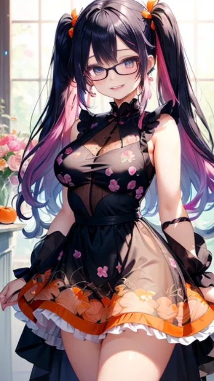 小さなgirl、Glasses、petal、Thick thighs、Big Ass、 (alone:1.5,)Very detailed,Bright colors, Very beautiful detailed anime faces and eyes, Look straight ahead, Shiny_skin,girl,(((long hair、Rainbow Hair, Colorful Hair, Half black、Half pink hair: 1.2)))  、forehead i...