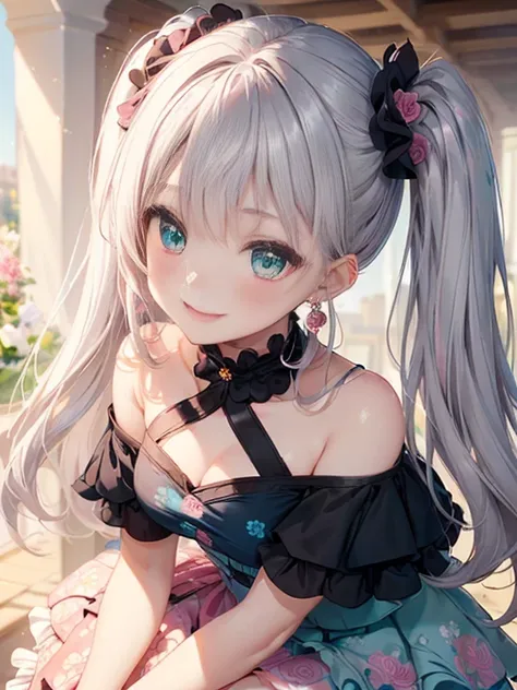 小さなgirl、The arrival of spring、Big Ass、 (alone:1.5,)Very detailed,Bright colors, Very beautiful detailed anime faces and eyes, Look straight ahead, ;d, Shiny_skin,girl, ((long silver hair,The inner color is red 、forehead is exposed.、Green Eyes、、Shiny hair, ...