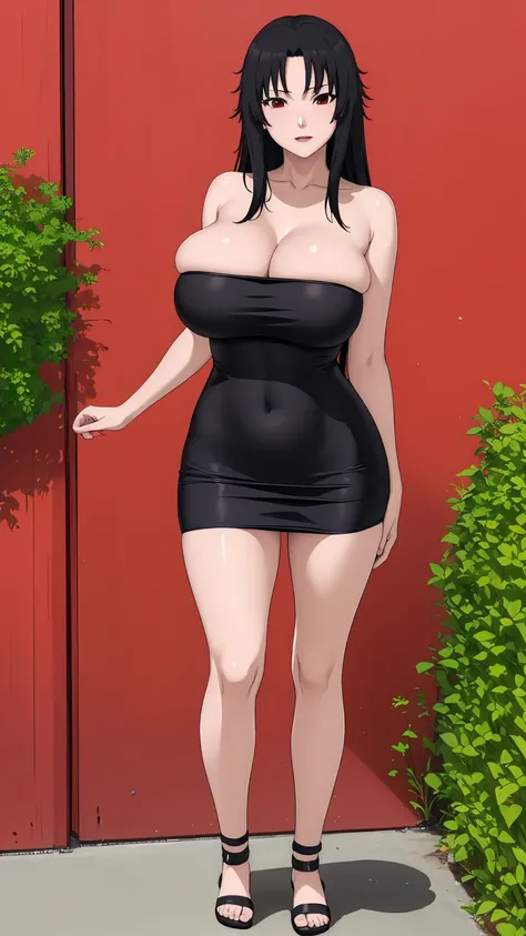 masterpiece, ultra high-quality, extremely detail 8k cg, high resolution, 1girl, kurenai yuhi, black hair, red eyes, thin body, huge breasts, bursting breasts, strapless shorttubedress, beautiful face, outdoors, garden, full shot photo, full body