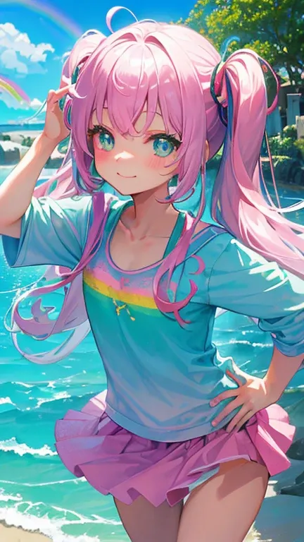 (Rainbow Hair, Colorful Hair, half silver、Half pink hair: 1.2), ,long hair、16 years old、(Cinematic digital artwork: 1.3), high quality, Tabletop, Turquoise eyes、最high qualityの, Super detailed, figure, [4K Digital Art]!!、 Kyoto Animation Style, One Woman, c...