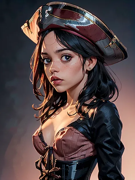 one girl, solo, (bust, upper body, front view:1.2), black eyes, jenna ortega, captain jack sparrow, pirate, pirate hat, pirate outfit, corset, (flat chest, male chest, small breasts, tiny breasts, cleavage, exposed breasts:1.3), (masterpiece, highly detail...