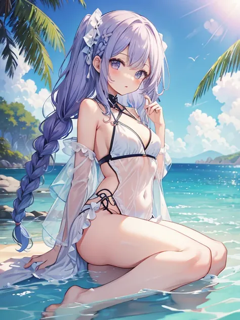 、。Big Ass、、Small breasts、I can see through my chest、、、satin、黄色のSwimwear、Beautiful feet、Light purple hair、Colorful long hair、The tips of the braids are red、、yellow、Swimwear、 For hair、Watery eye、big breasts、Small eyes、barefoot、Baby Face、masterpiece、Best imag...