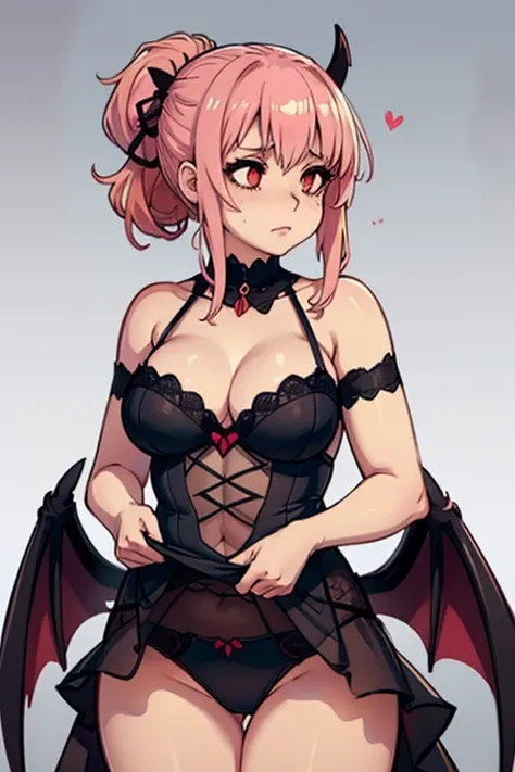 art by kipteitei, 1girl, pink hair, hair up long and wavy cascading down shoulders, red eyes, succubus, black lingerie, horny, (best quality, masterpiece)