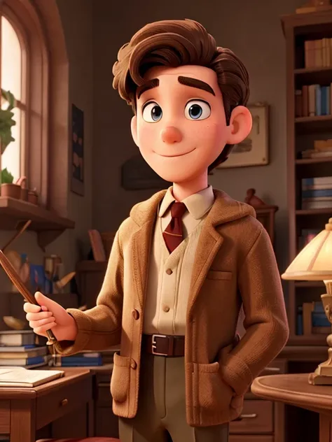 a brunette man from the twentieth century studying in a fairytale enviorment 