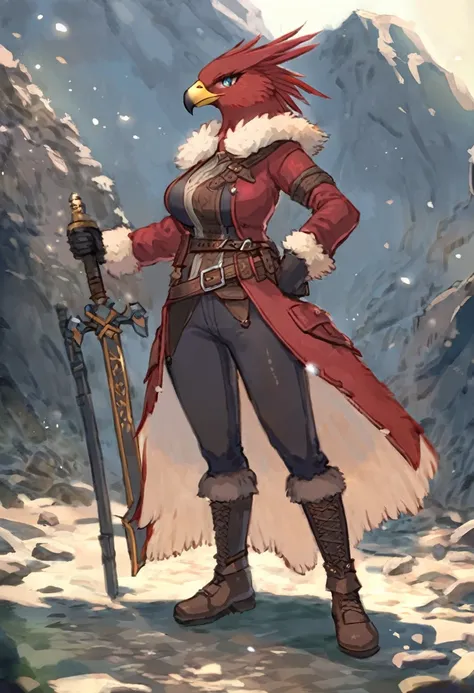 Game artstyle,  refined art, masterpiece, ((solo)), anthro, feathered, dark red feathers, black feathers, female eagle, expressive, good anatomy, attractive, pants, adventurer, jrpg design, coat, abs, standing