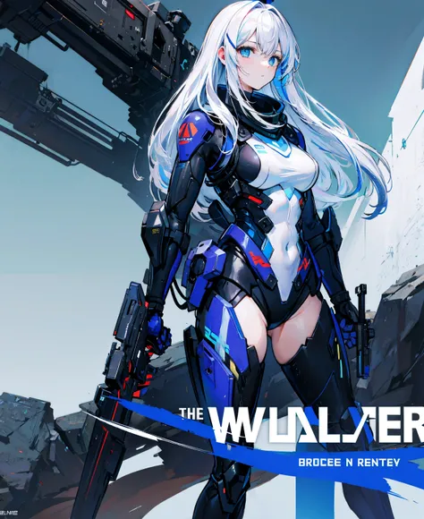 There is no background，girl，carry a firearm，Enamel-like tight suit，use of firearms，Navy blue long hair，attention arousal，Blue colored eyes,no gradation