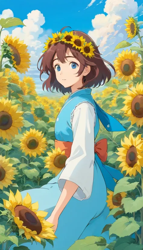 Blue sky，White Cloud，sunflower, Vision，Tranquil garden style, Colorful animation stills, Masami Teraoka, aquamarine, Paul Gauguin, Embry Form, true depiction