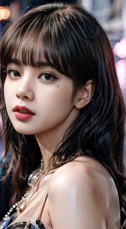 Virtual image,Realistic 8k portrait,Masterpiece,complete anatomy,Highly detailed,Excellent paint quality,girl lisa blackpink,(Lisa Black pink)(A face with details like a famous Korean singer.))Beautiful and bright,Singing on the concert stage