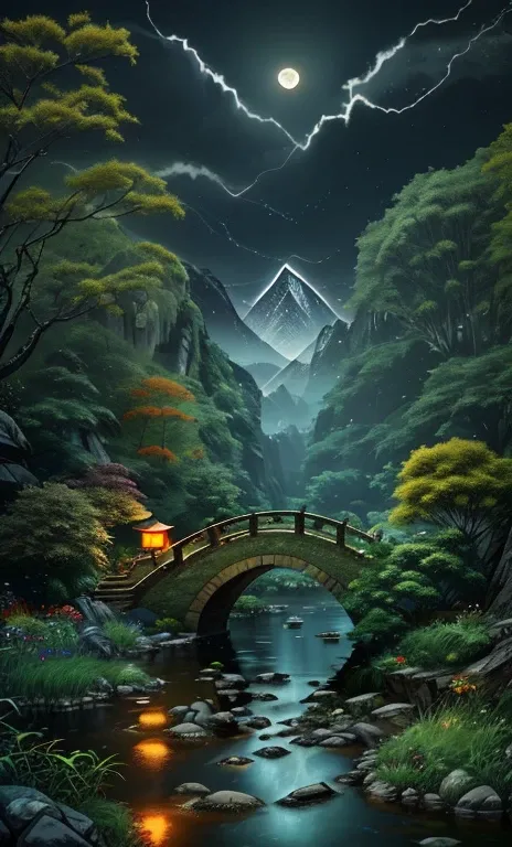 ((Diffuse color)) Ancient Chinese architecture, Cool colors, Night, moon, garden, bamboo, lake, Stone Bridge, rockery, arch, corner, Tree, tap water, landscape, outdoor, Fall, Grass, rock, Heavy rainfall, thunderstorm, There are vines all around, giant and...