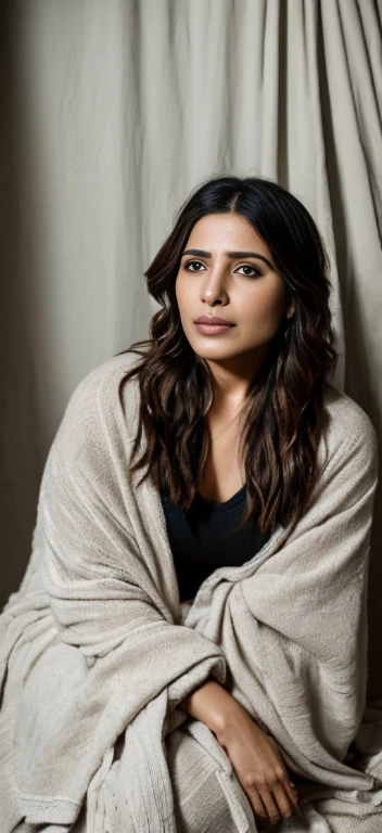 portrait of samantha ruth prabhu, face,capture the intimate moment of a woman in her bedroom at night, immersed in her private t...