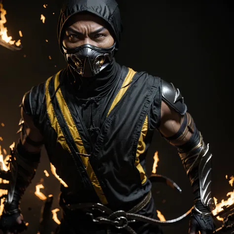 1 man, hanzo hasashi is the scorpion character from mortal kombat. realistic version, ((full body)), ((ninja suit faithful to th...