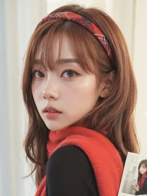 a close-up of a woman wearing a red scarf and a red scarf, sun yunjoo, jossi de blackpink, portrait of jossi de blackpink, aparcar desde-min, Kim Doyoung, jinyoung shin, retrato de jisoo rosa negro, parque roseanne de blackpink, Jisoo de Blackpink, Lalisa ...