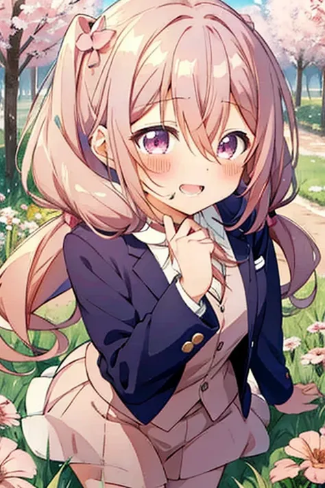 A cute chibi anime the size of a flower in a flower field, long pink hair with twin tails、、Pink twin-tailed hairstyle、Dark Blue Blazer、Pink Skirt、,dark color、primary color、、smile, animation、Laugh out loud on your stomach、Laughs and Tears、、Insanely good lau...