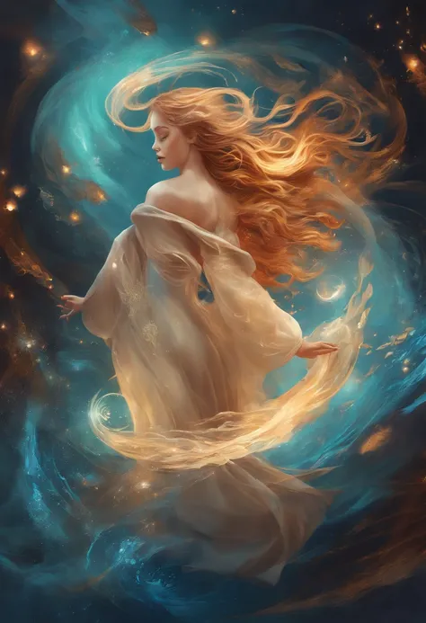 In the ethereal realm of the astral plane, a captivating woman is depicted with her eyes closed, lost in the expanse of her dreams. Her long, flowing hair dances in the wind, as if caressed by the unseen forces of the universe. Swirling flows of magical en...