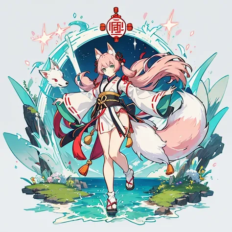 whole body、front、A mix of Chinese and Japanese clothing、Whitish clothes、Fox ears、Fox tail、Pink Hair、Green Eyes、Low Twintails