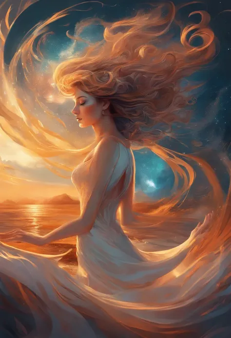 In the ethereal realm of the astral plane, a captivating woman is depicted with her eyes closed, lost in the expanse of her dreams. Her long, flowing hair dances in the wind, as if caressed by the unseen forces of the universe. Swirling flows of magical en...