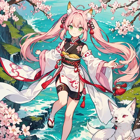 whole body、front、A mix of Chinese and Japanese clothing、Whitish clothes、Fox ears、Fox tail、Pink Hair、Green Eyes、Low Twintails、cherry blossoms