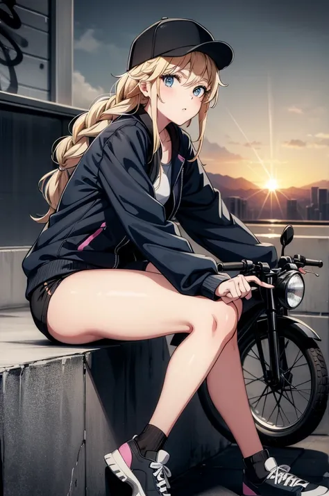 (((grayscale)))(masterpiece:1.2, best quality), (graffiti wall:1.15), 1lady, beanie, jacket, Leggings, blue eyes, fullbody,a girl on a motorcycle in the city looking up at the sunset, 1girl, ground vehicle, blue eyes, blonde hair, solo, hat, jacket, long h...