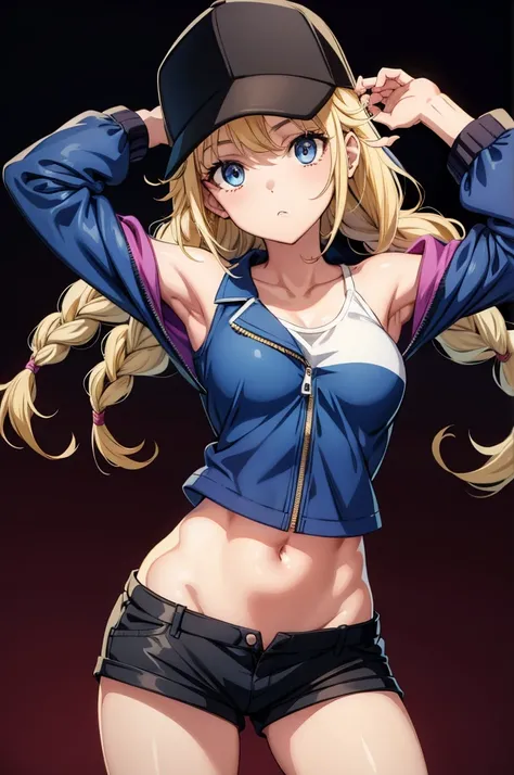 a anime cartoon girl with top on and blazer has hat on, 1girl, solo, blue eyes, hat, shorts, navel, blonde hair, jacket, open jacket, black shorts, open clothes, braid, breasts, looking at viewer, black headwear, baseball cap, stomach, blue jacket, short s...