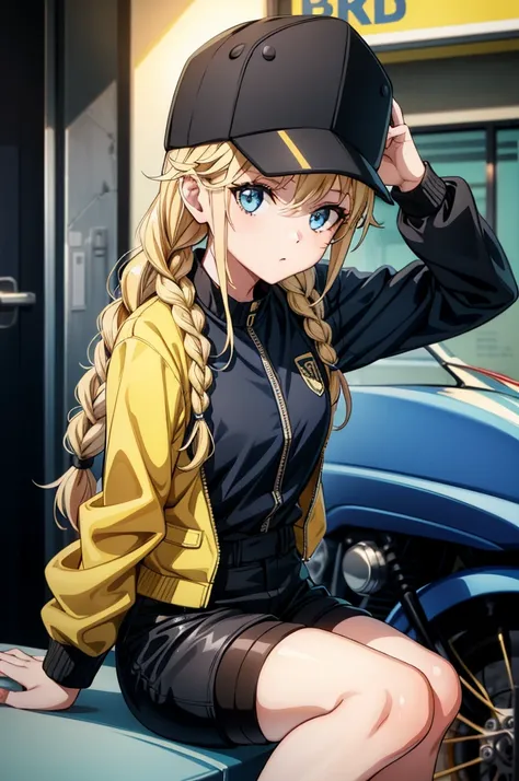 a girl with blonde hair standing next to a motorcycle  a pair of legs under a helmet, 1girl, ground vehicle, motor vehicle, blonde hair, motorcycle, blue eyes, solo, hat, braid, baseball cap, jacket, shorts, looking at viewer, twin braids, long hair, sitti...