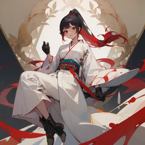 ((highest quality)), ((masterpiece)), (Become familiar with),  1 girl, alone, Black Hair,ponytail,White kimono,red hair clip,Red belt, ,slender,Long Hair,Small breasts, gloves,boots, Erect nipples